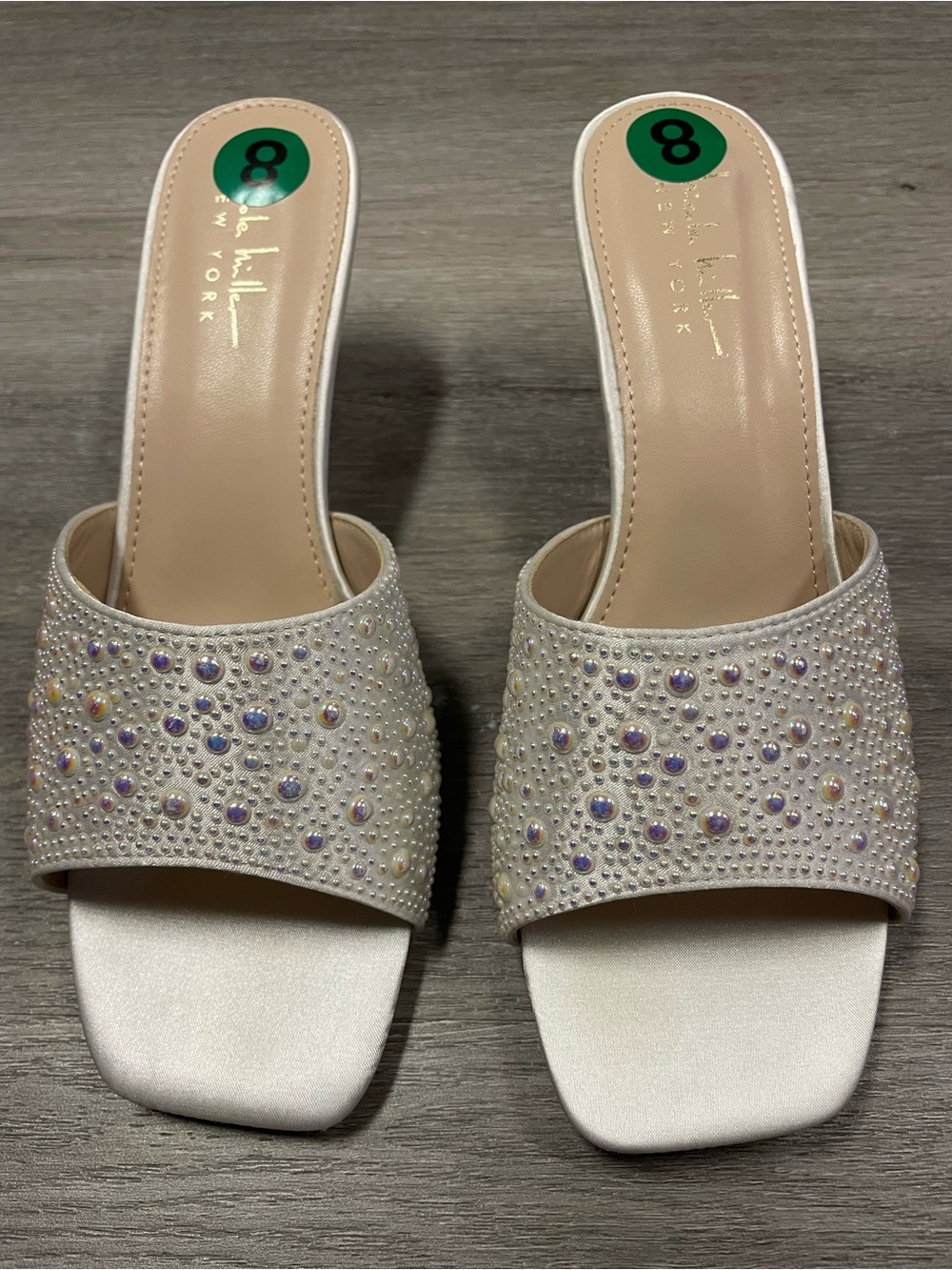 Nicole Miller New York NOMA White Rhinestone Embellished Mule Heels Size 8 NWOT
